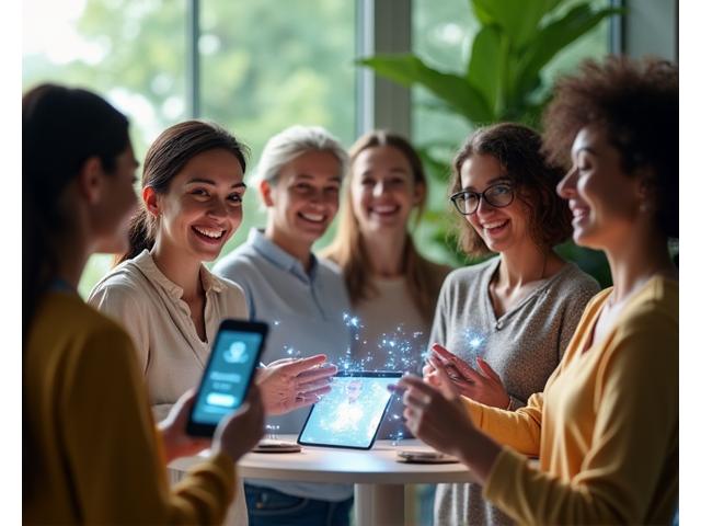 Illustration of a diverse group of adults engaging with digital wellness tools, representing accessible health technology and community connection.