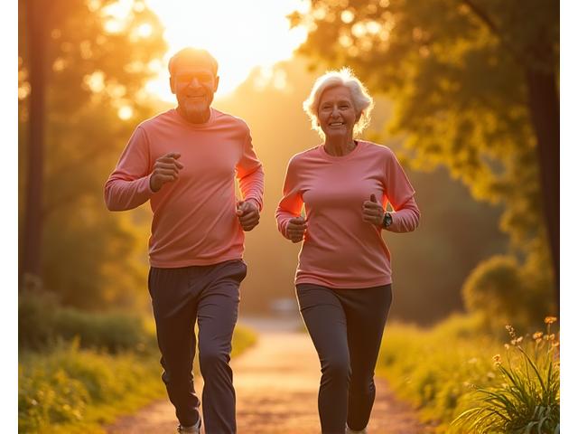 A vibrant image of a senior couple jogging with bright smiles in a sunny Atlanta park, symbolizing active, joyful aging.