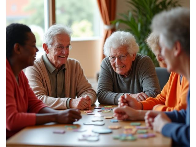 A diverse group of seniors engaged in a stimulating board game with visible enjoyment and concentration, symbolizing active mental engagement and social connection.