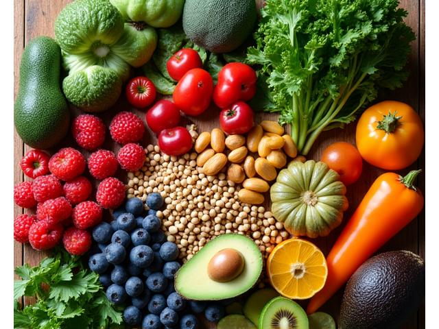 A diverse array of colorful, fresh fruits and vegetables artfully arranged on a clean wooden table, emphasizing healthy, vibrant eating for longevity.