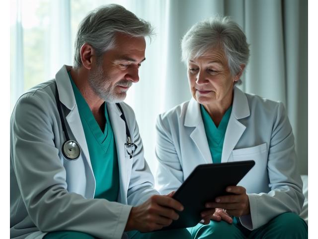 A doctor compassionately explaining health data on a tablet to a senior patient, empowering them with clear information in a modern medical office setting.