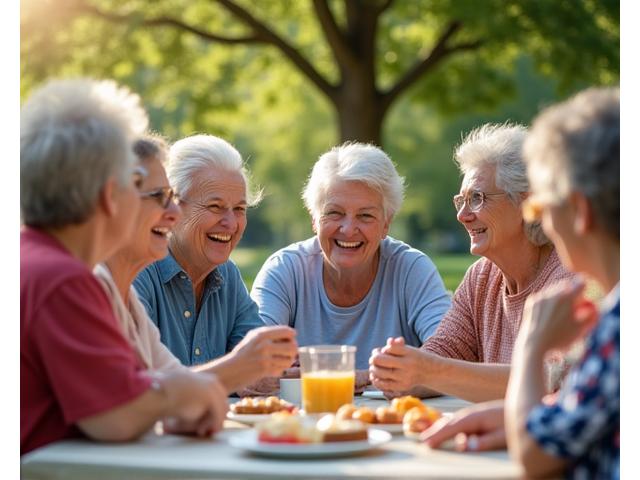 A diverse group of Atlanta seniors laughing and enjoying a community park picnic, depicting strong social bonds and active outdoor engagement.