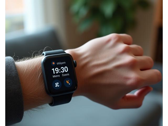 A close-up of a senior hand wearing a modern, user-friendly smartwatch, displaying health metrics like heart rate, with a blurred background of a living room, indicating ease of use at home.