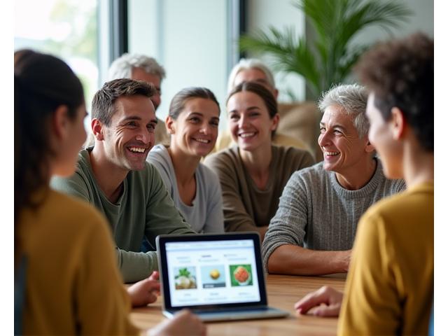 Diverse group of adults smiling and interacting in a bright, modern community setting, representing vibrant online and offline connections.