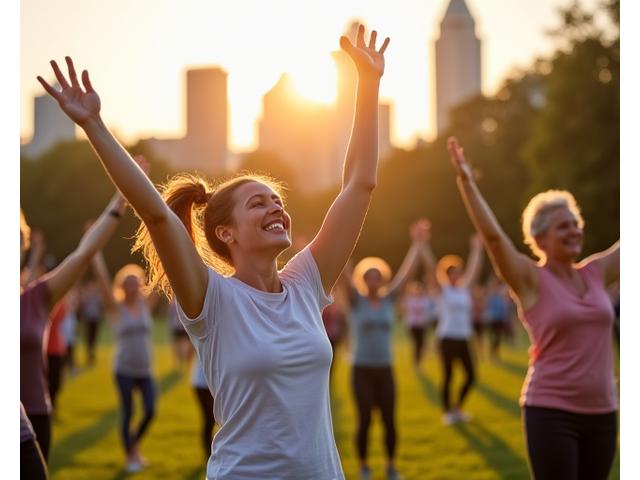 A diverse group of Atlanta adults participating in an outdoor yoga class in a park, with the Atlanta skyline subtly visible in the background, showing local community engagement.