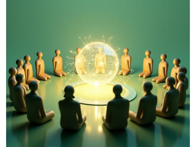 A diverse group of adults of varying ages, engaging in a polite and supportive conversation around a glowing, ethereal sphere representing a secure online community, highlighting safety and trust.