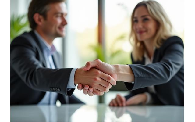 Two professionals shaking hands, symbolizing a successful business partnership or collaboration.