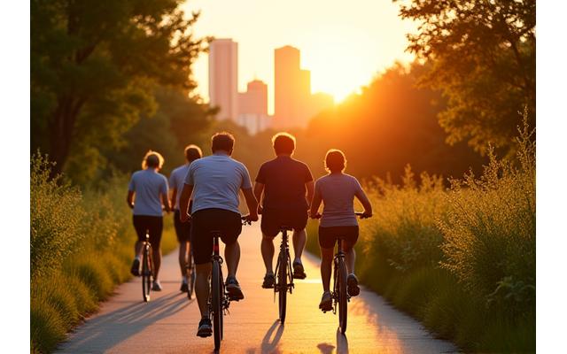 People cycling and walking on the Atlanta BeltLine at sunset