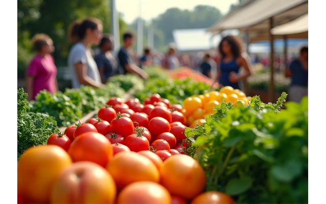 Busy Atlanta farmer's market with fresh produce