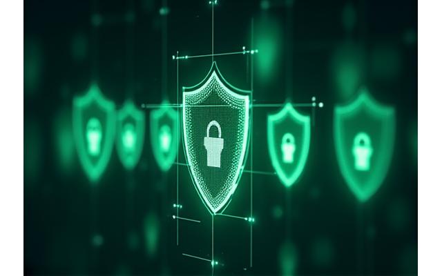 Abstract image of interlocking digital security symbols over a faint network background