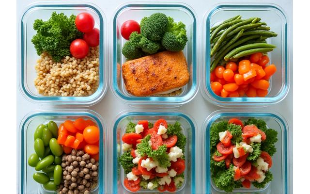 Overhead shot of colorful healthy meal prep containers
