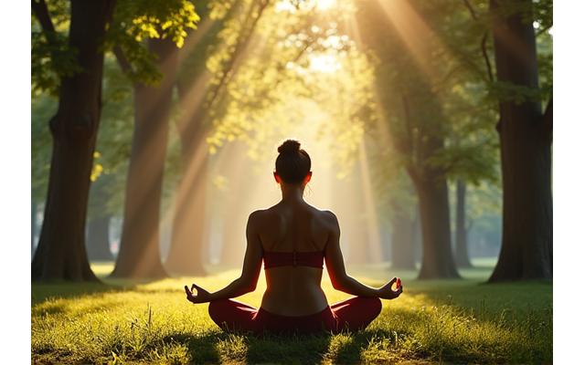 Person meditating in a serene, green urban park setting, possibly Atlanta's Piedmont Park