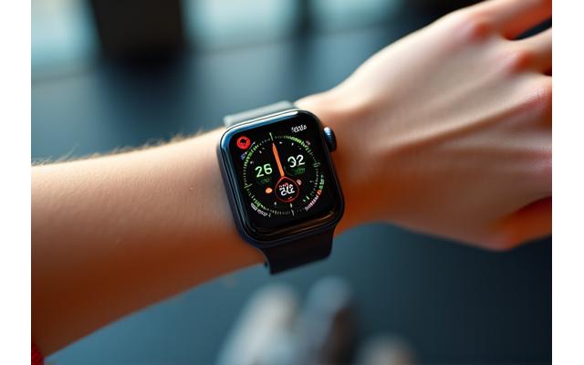 Close-up of a smartwatch displaying health metrics on a blurred gym background