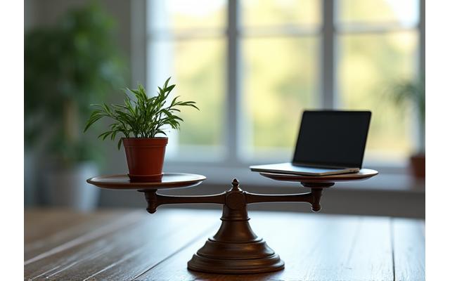 A balanced scale with a small plant on one side symbolizing 'life' and a small laptop on the other symbolizing 'work' amidst a soft, professional background