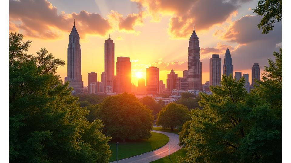 Atlanta city skyline at sunset with green spaces, illustrating localized wellness.