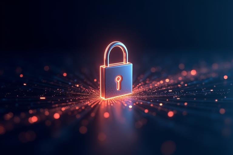 Digital lock icon over a secure network, representing data encryption and HIPAA compliance.