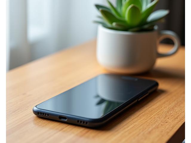 Minimalist image of a smartphone placed face down on a wooden table, next to a small plant and a calming teacup, symbolizing digital disconnection and peace