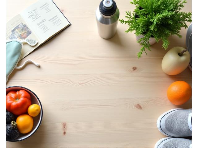Balanced collection of healthy food, exercise equipment, a sleep mask, and a small potted plant, arranged artistically to represent holistic well-being