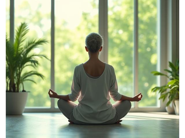 Woman meditating calmly in a modern, serene setting with subtle tech elements indicating health monitoring