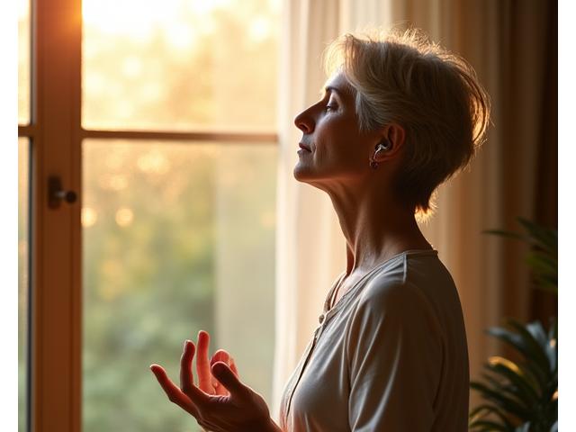 Person in a peaceful meditation pose, bathed in soft, natural light, with subtle digital elements around them indicating mental clarity