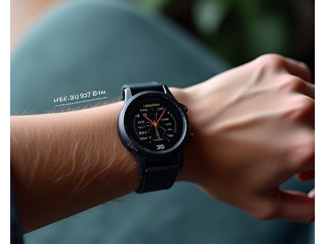 Close-up of a person's wrist wearing a sleek, modern smartwatch displaying health metrics like heart rate and stress levels, with a subtle digital overlay showing data analysis