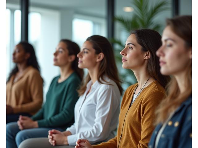 Diverse group of professionals in a modern office, engaged in a brief, guided mindfulness exercise during a break, showing calm and focus