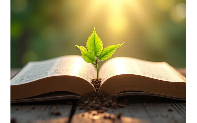 Open book with growing plant, symbolizing knowledge and growth