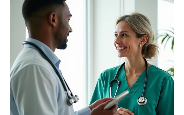 Two healthcare professionals in discussion, symbolizing expert interviews