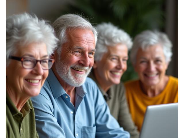 Diverse group of adults engaging in an online community forum, looking happy and connected
