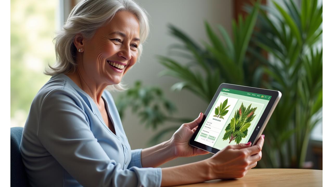 Woman using VitaSprout Gardens wellness app on a tablet, with a serene green background