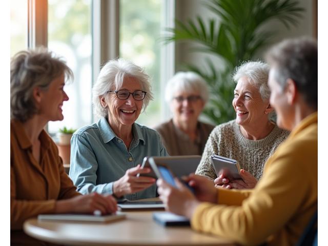 Diverse group of mature adults engaged in a respectful and supportive online community discussion on their tablets and laptops, smiling and nodding.