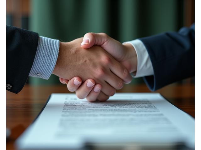 Two hands shaking over a document with legal clauses, symbolizing dispute resolution and agreement, set against a calming, professional backdrop.