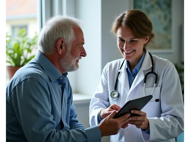 A medical professional gently explaining something to a mature adult in a clinic setting, with medical charts in the background, emphasizing that VitaSprout Gardens is not a substitute for professional medical advice.