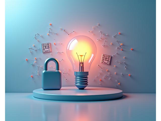 Stylized icon representing intellectual property, showing a lightbulb integrated with document security and a padlock, set against a background of abstract data streams.