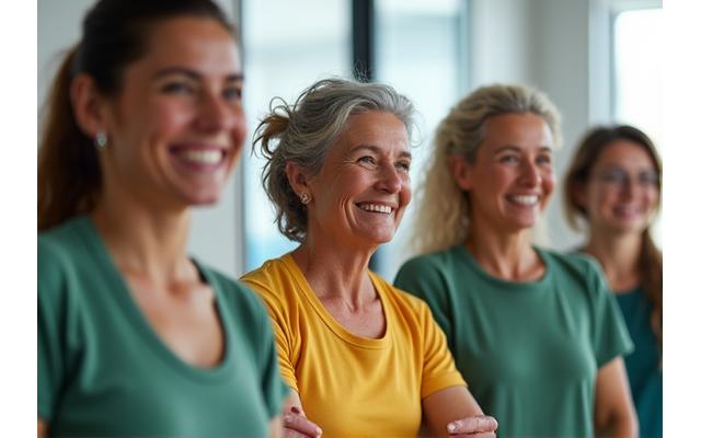 Group of diverse employees actively participating in a fun wellness challenge, fostering team spirit and engagement.