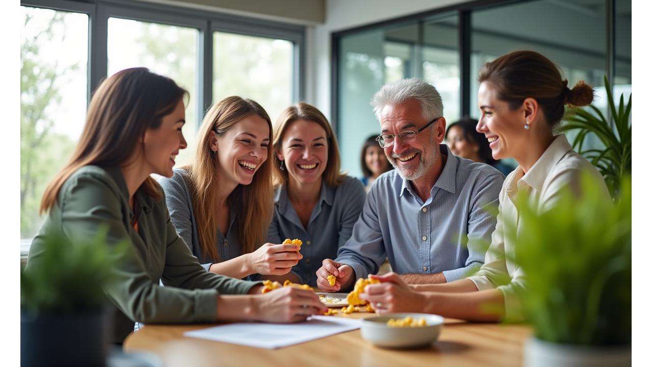 Diverse team collaborating happily in a modern, light-filled office, demonstrating a thriving and productive work environment.